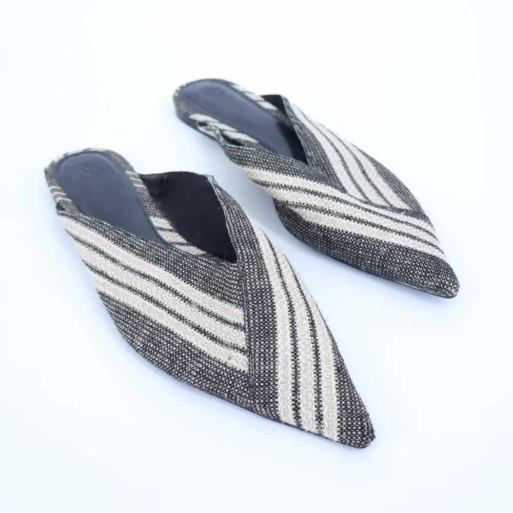 ZARA Woven Stripe Pointed Toe Flat Black and White Lagenlook Women's 40/US 9